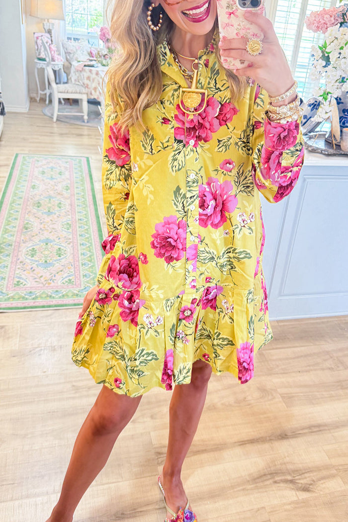 Long Sleeve Ruffle Hem Rose Shirtdress