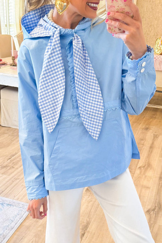 Gingham Detail Front Tie Hooded Windbreaker Jacket