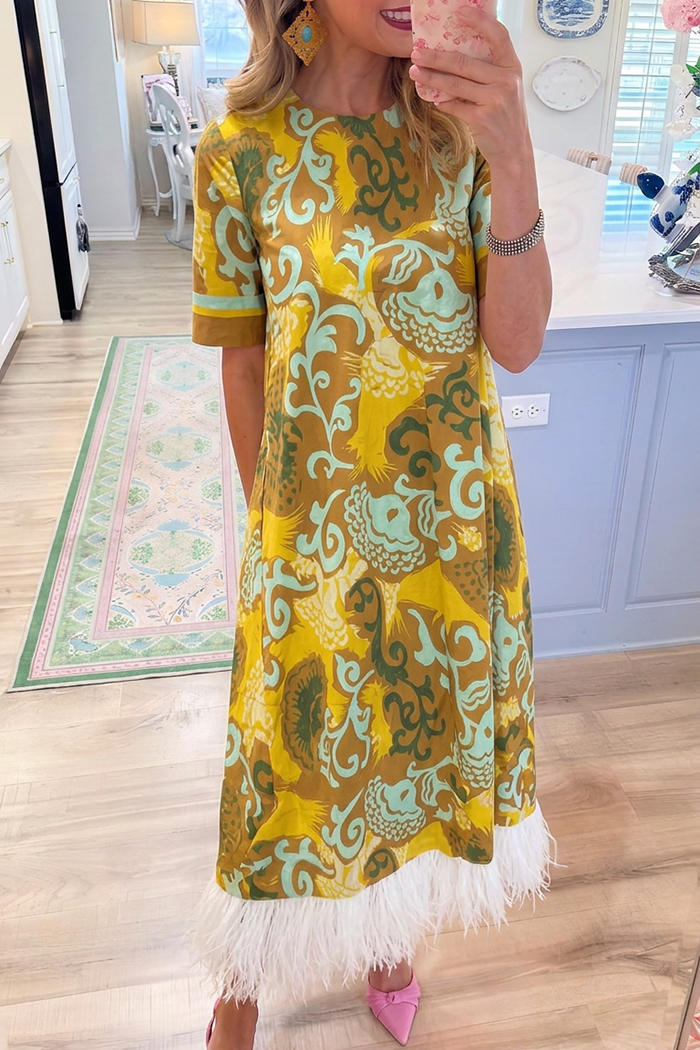 Abstract Folk Print Short Sleeve Pocket Feather Hem Dress