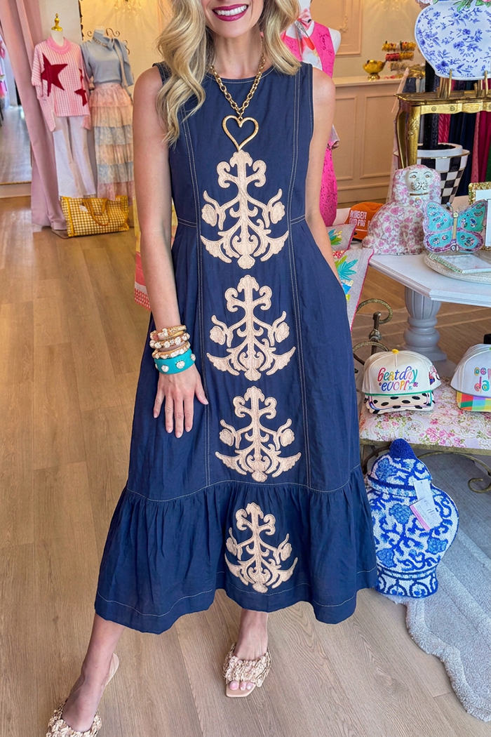 Round Neck Sleeveless Ruffle Hem Pocket Denim Maxi Dress