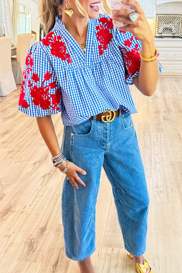 Embroidered Puff Sleeve Grid Top