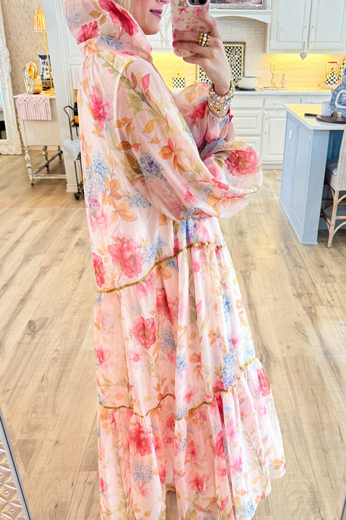 Pink Multi Floral Mesh Sleeve Maxi Dress
