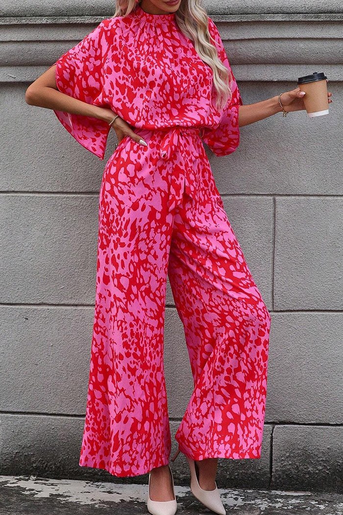Flounce Sleeve Leopard Belted Wide Leg Jumpsuit