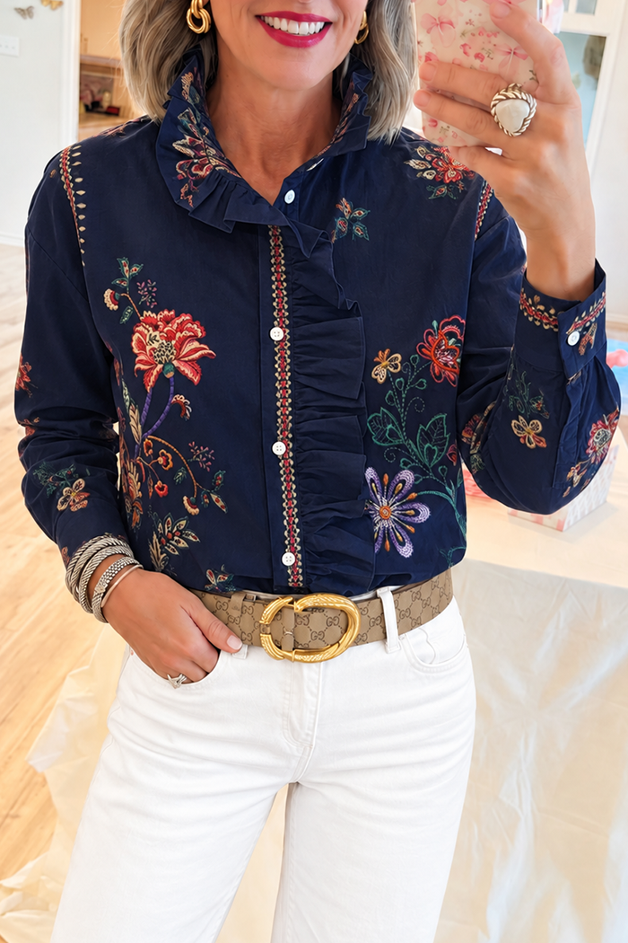 Long Sleeve Floral Ruffle Front Top