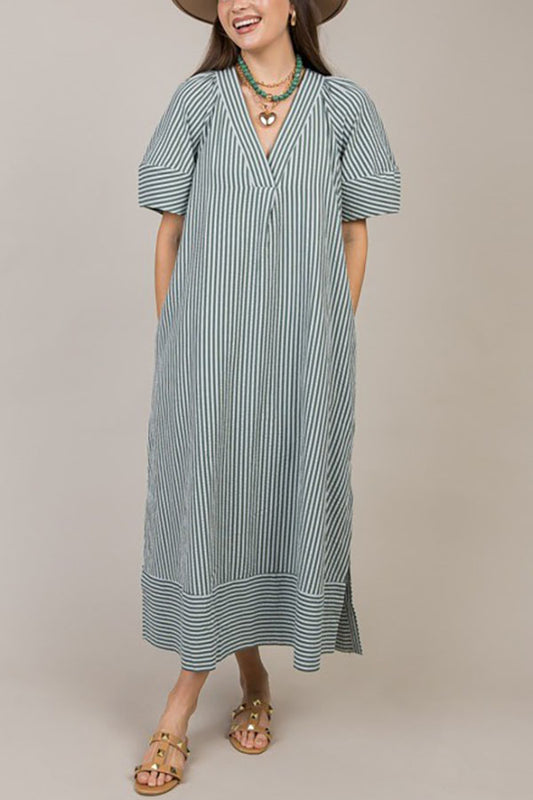 Casual Striped V-Neck Pocket Dress