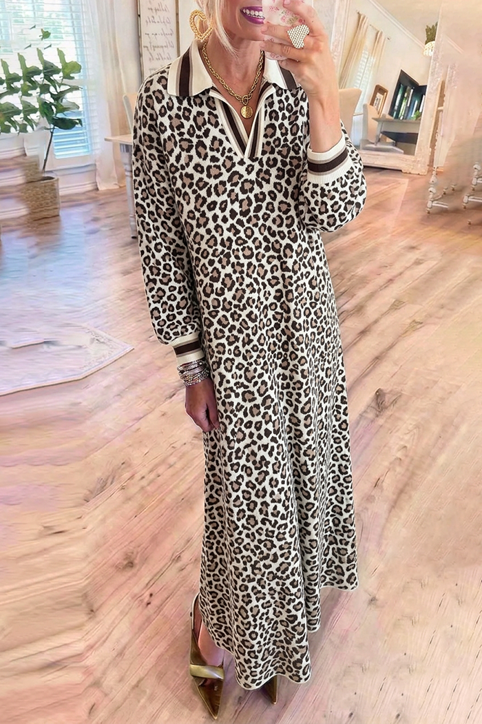 Leopard Jacquard Polo Collar Striped Cuffs Knit Maxi Dress