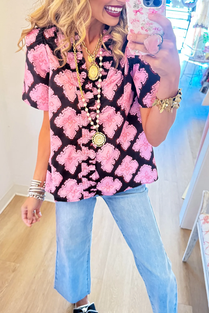 Pink Abstract Floral Ruffle Placket Short Sleeve Top