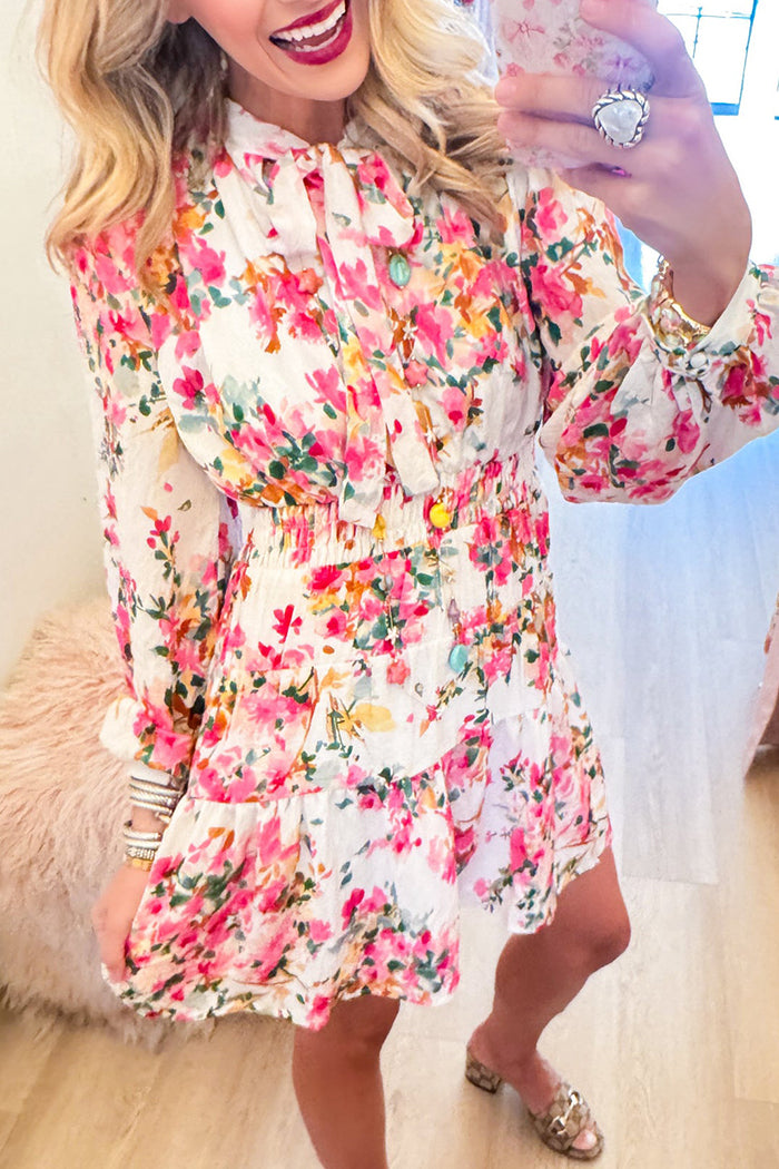 Long Sleeve Floral Waist Smocked Mini Dress