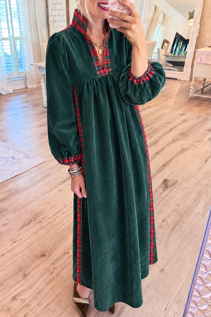 Green Corduroy Plaid Gathered Maxi Dress