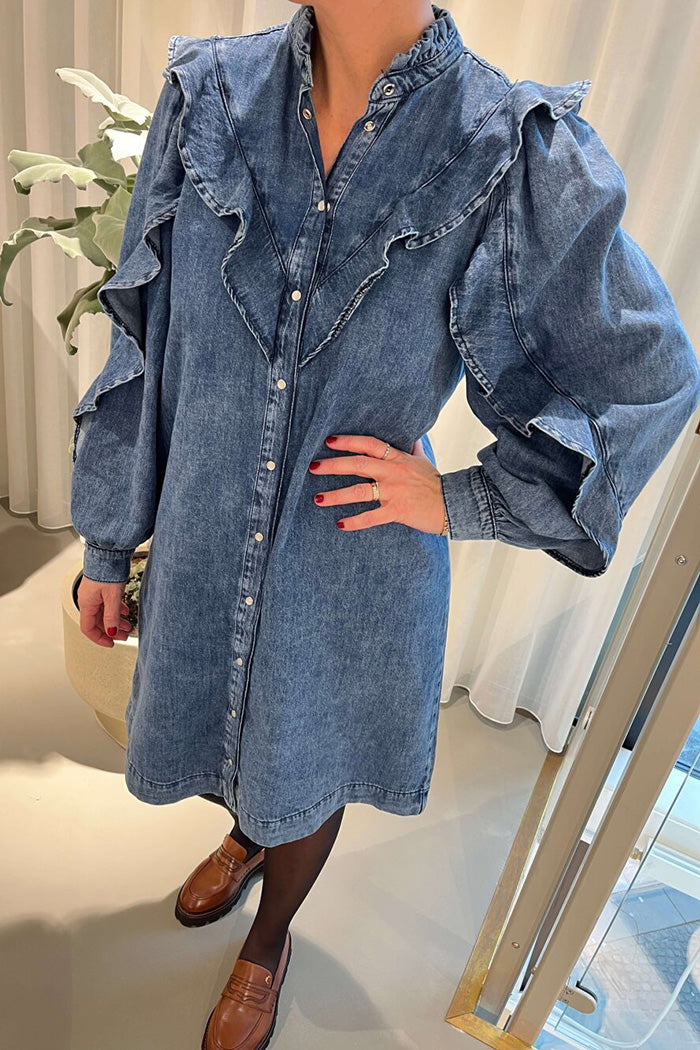 Button Front Ruffle Trim Denim Dress