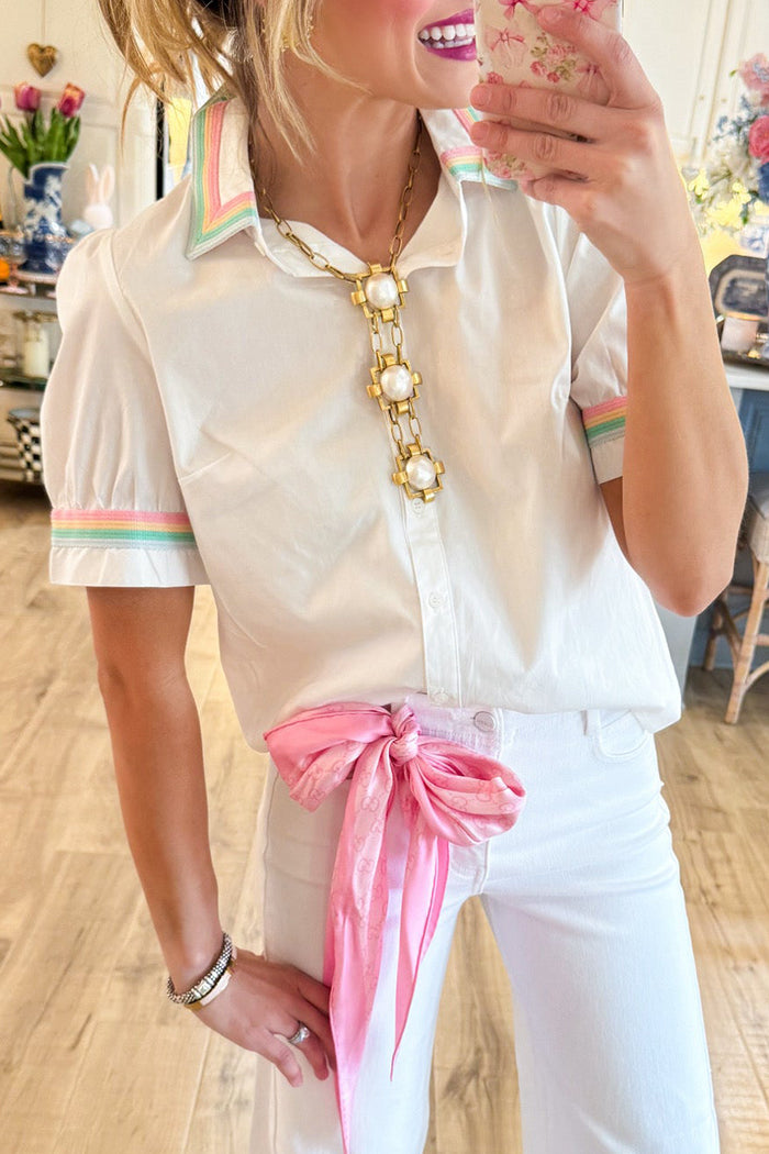 Short Sleeve Rainbow Trim Button Up Top
