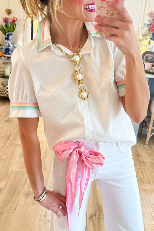 Short Sleeve Rainbow Trim Button Up Top
