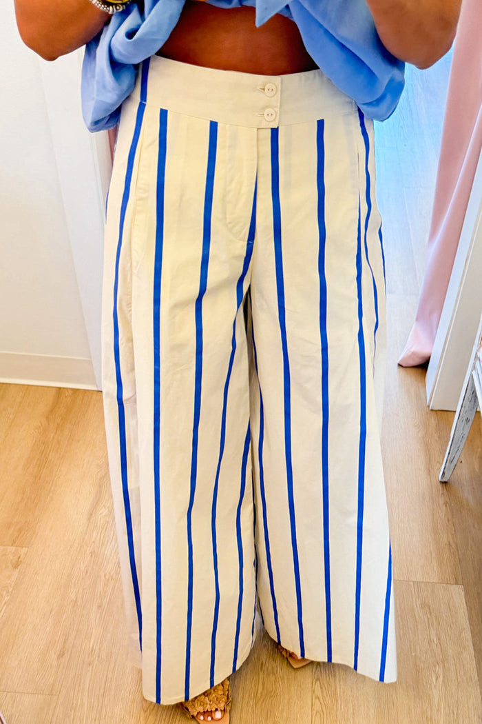 Casual Blue Stripe Wide Leg Pants