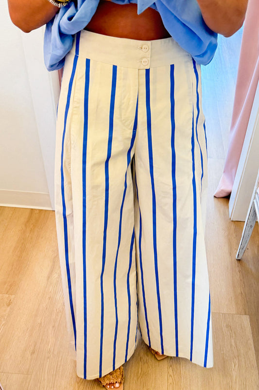 Casual Blue Stripe Wide Leg Pants