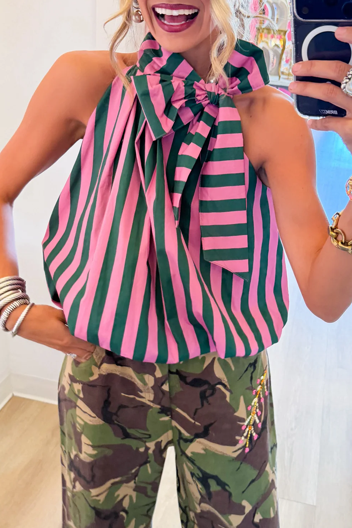 Stripe Bubble Hem Bow Top