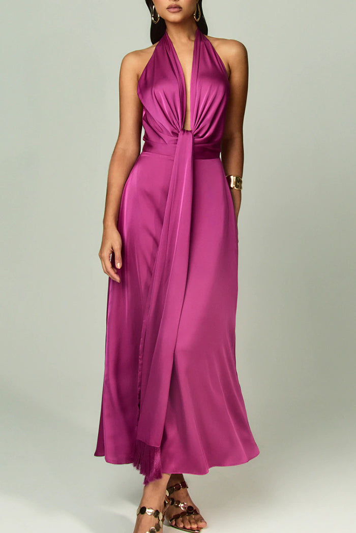 Halter Tie Tassel Hem Evening Dress