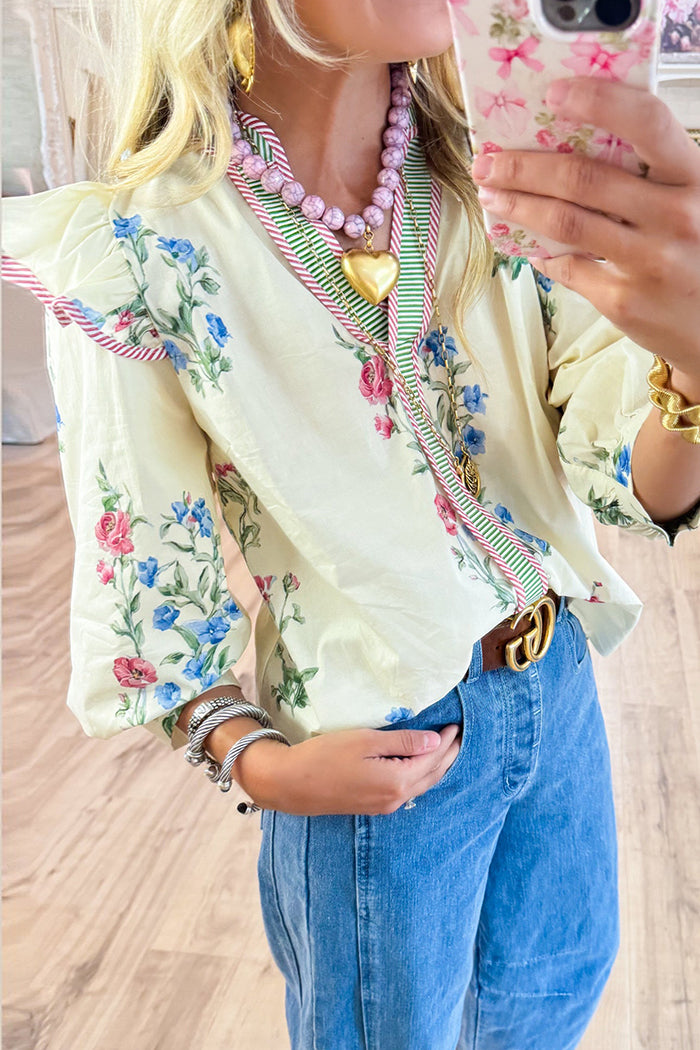 Floral Stripe Contrast Binding Top