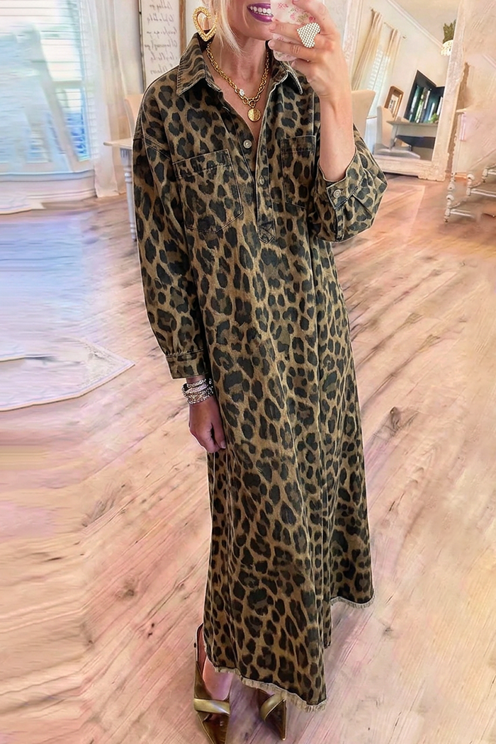 Denim Collared Long Sleeve Leopard Print Maxi Dress