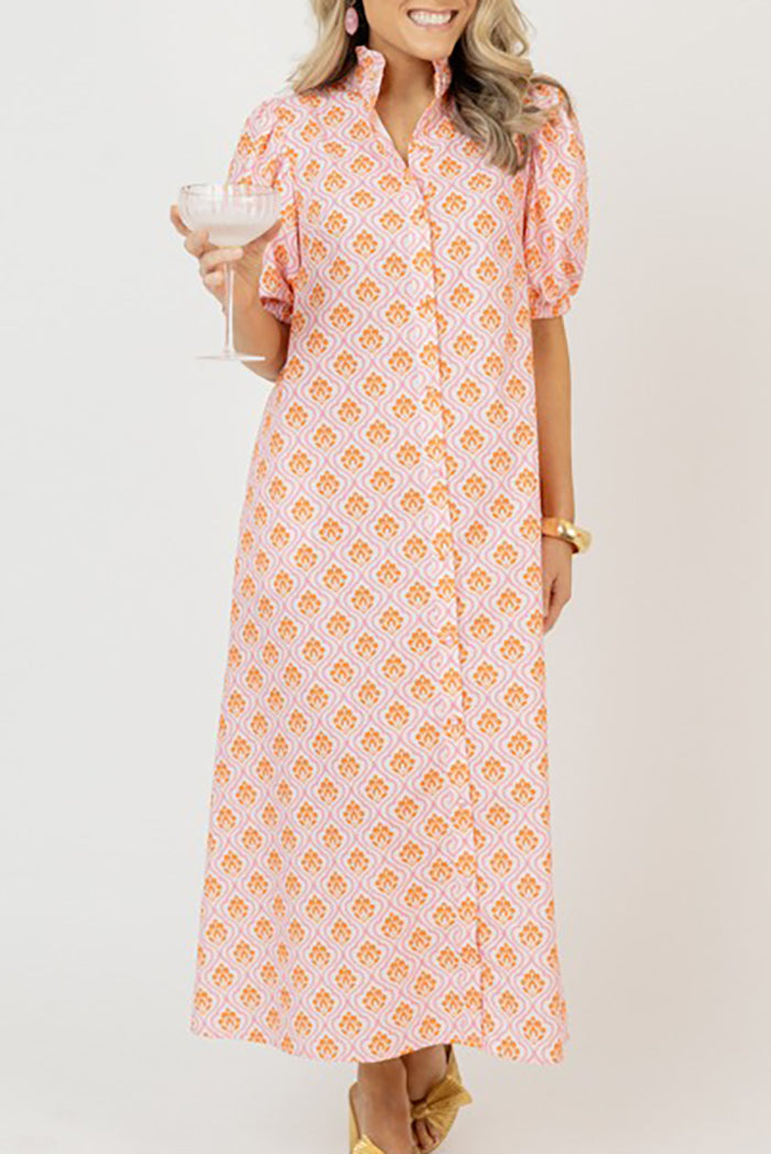 Printed Puff Sleeve Button Pocket Midi Dress