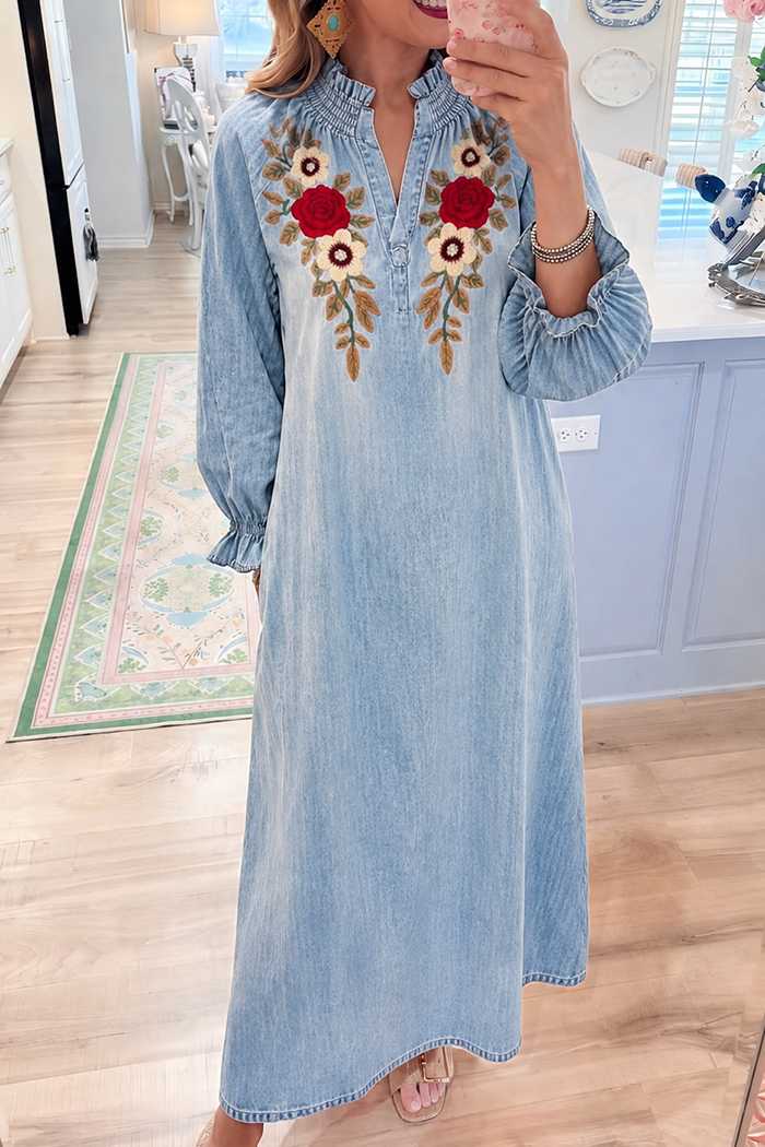 Ruffle Neck Embroidered Denim pocket Maxi Dress