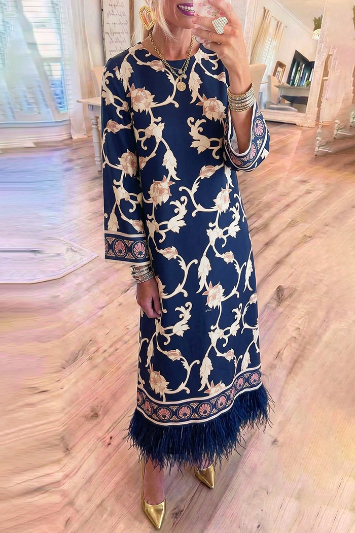 Navy Floral Feather Hem Flared Sleeve Maxi Dress
