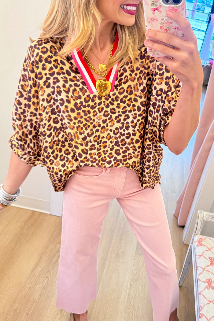 Leopard Contrast Dolman Sleeve Top