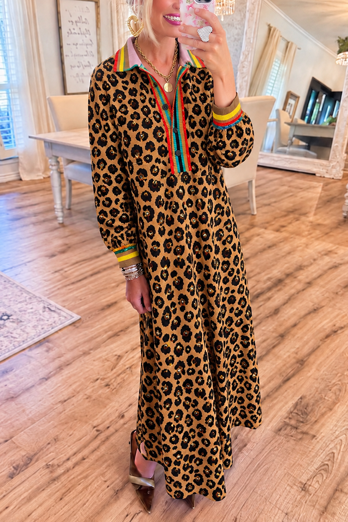 Colorful Striped Trim Leopard Pocket Knit Maxi Dress
