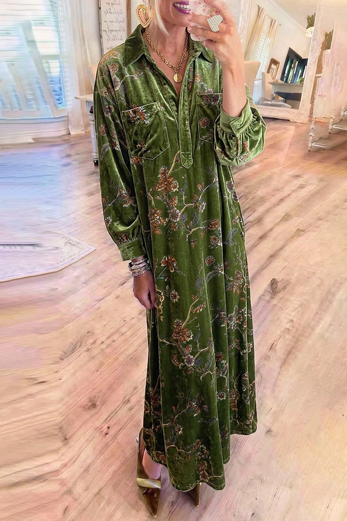 Velvet Botanical Floral Collared Chest Pocket Balloon Sleeve Maxi Dress