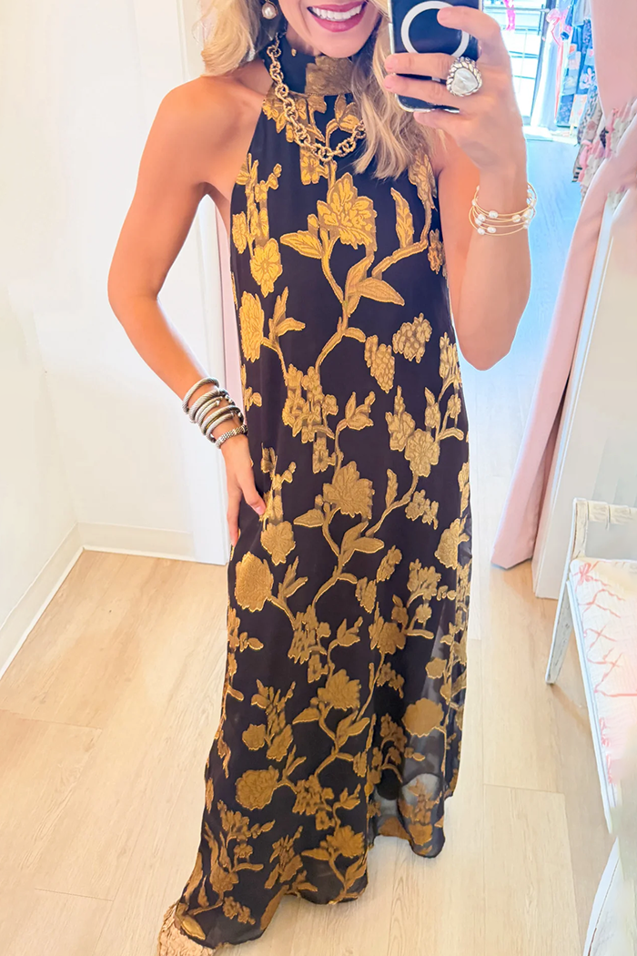 Brown And Gold Metallic Floral Maxi Dress