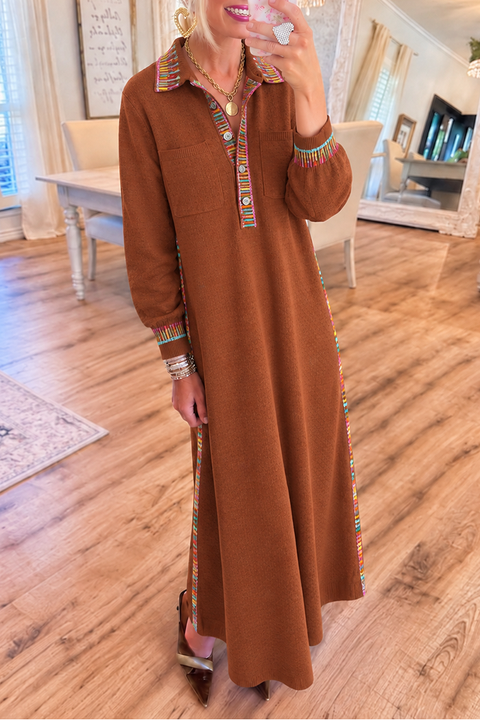 Brown Embroidered Knit Pocket Maxi Dress