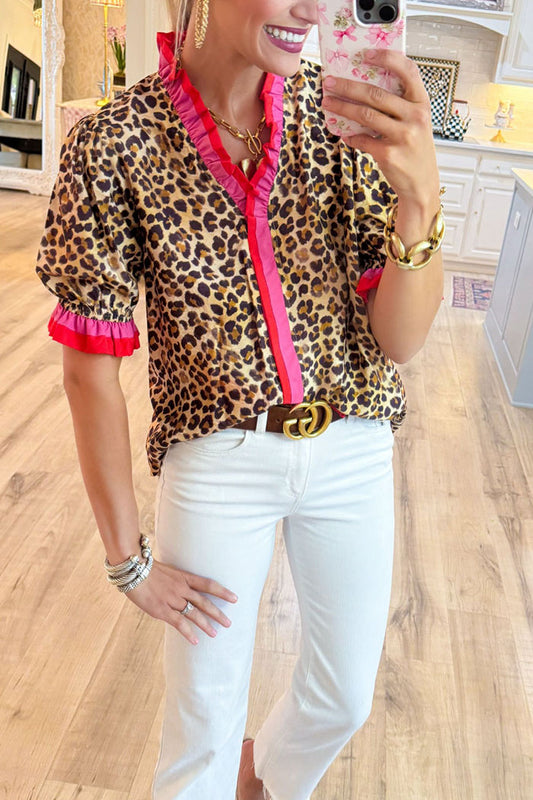 Contrast Trim Leopard Top