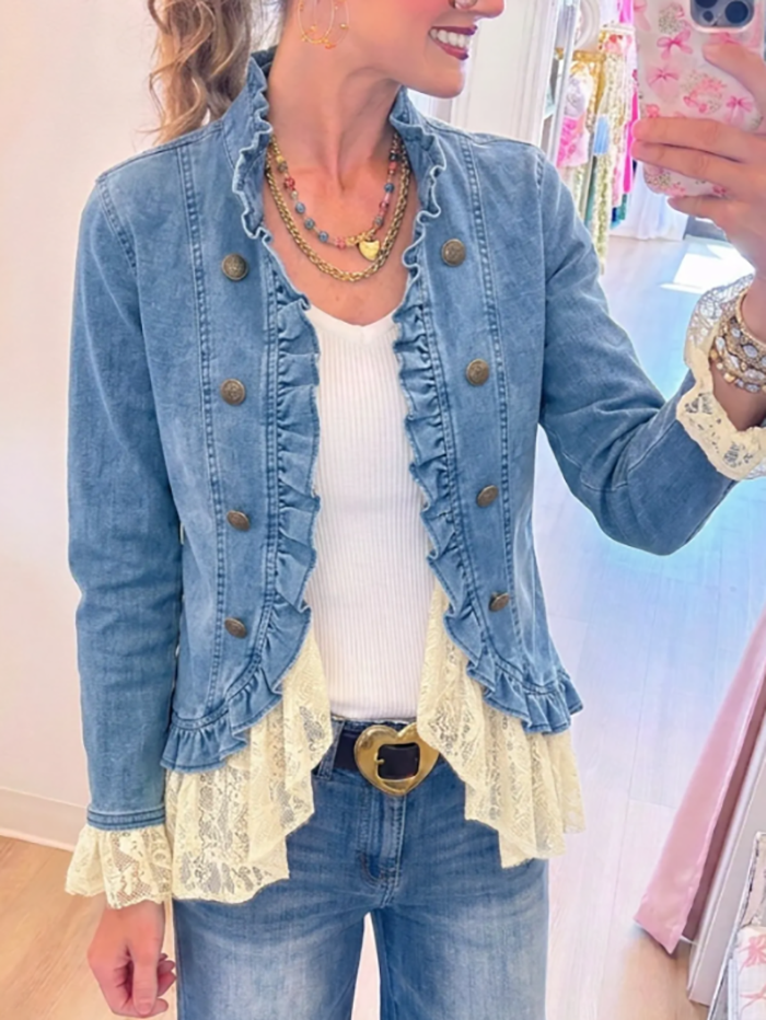 Casual Ruffles Lace Splicing Denim Jacket