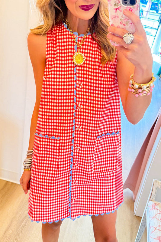 Red Gingham Contrast Trim Pocket Dress