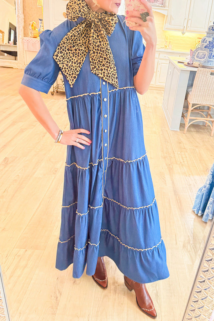 Pocketed Denim Contrast Piping Maxi Dress