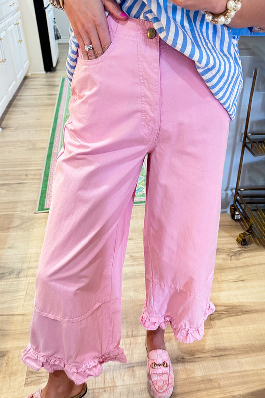 Pink Twill Ruffle Hem Pants