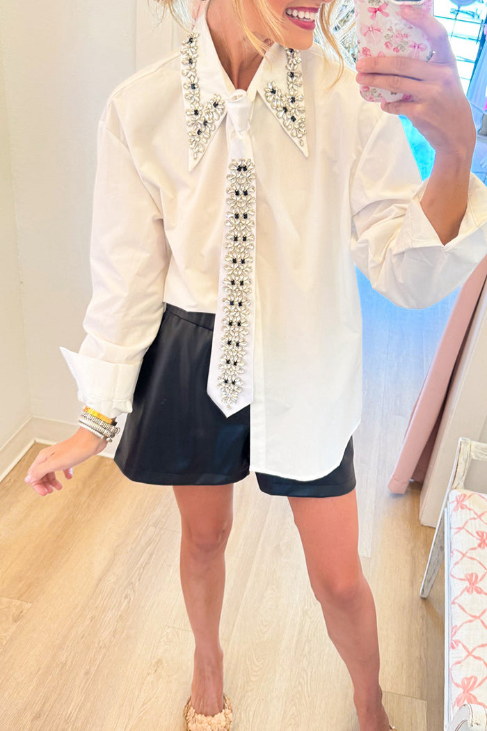 White Rhinestone Collar And Tie Long Sleeve Top