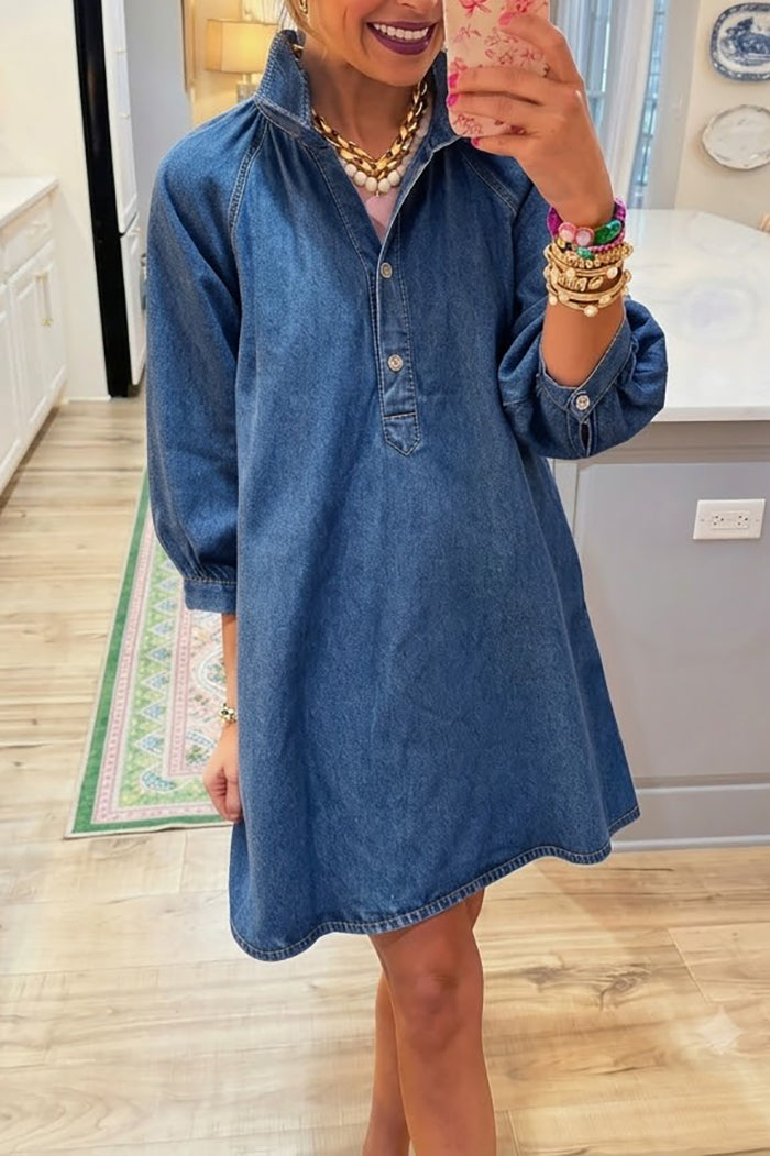 Classic Denim Collared Balloon Sleeve Dress