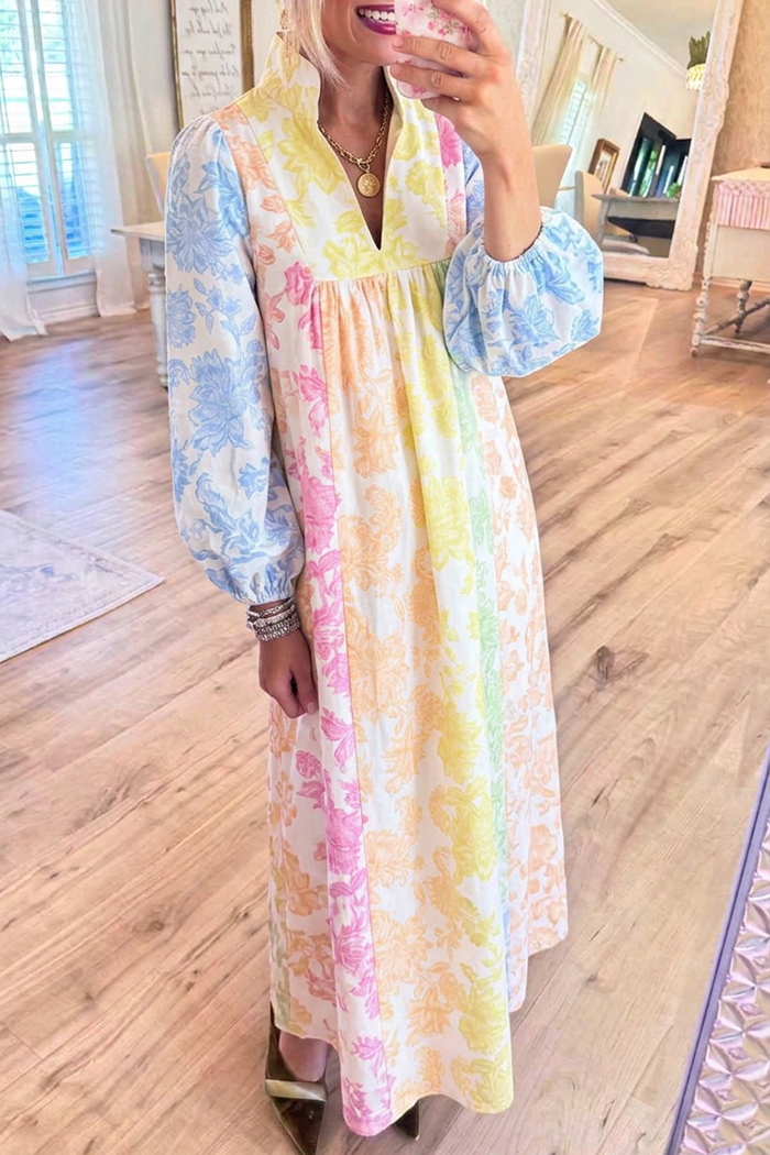 Colorful Floral Stand Collar Puff Sleeves Pockets Maxi Dress