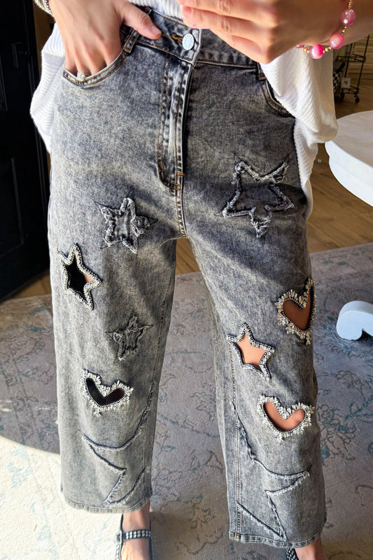 Rhinestone Cutout High Waisted Jeans