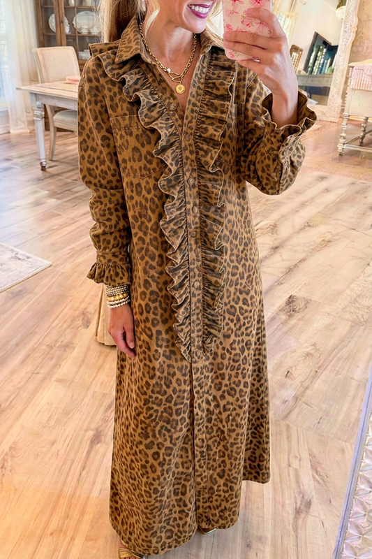 Leopard Print Collared Ruffle Placket Chest Pockets Maxi Shirt Dress