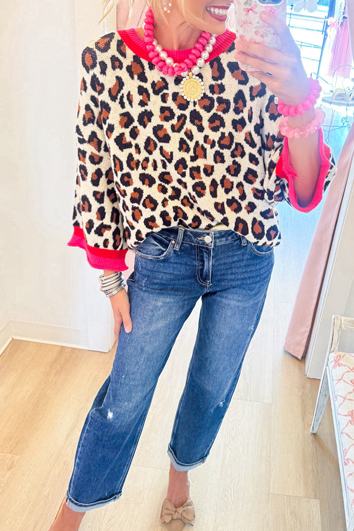 Rib Trim Leopard Pattern Knit Top