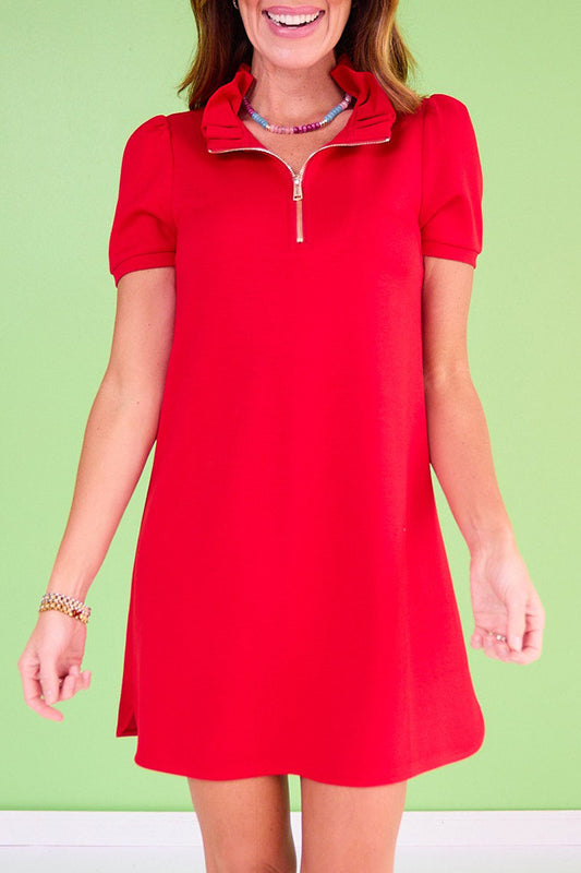 Short Sleeve Ruffle Collar Zip Air Dress