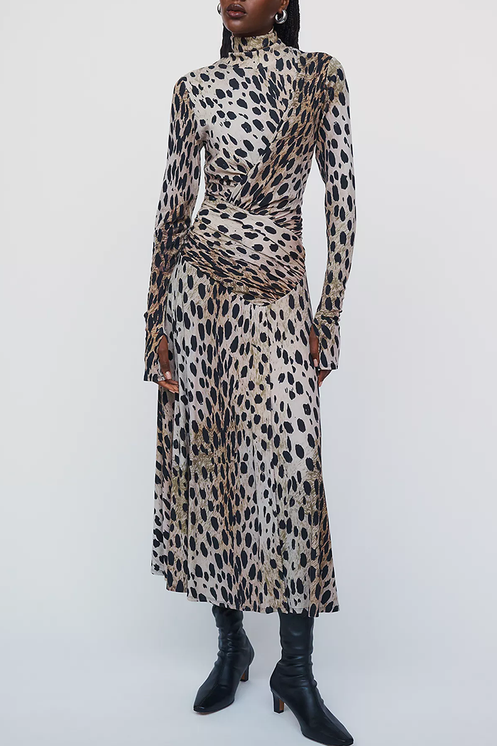 Long Sleeve Ruched Leopard Print Maxi Dress