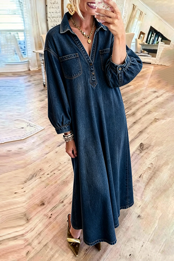 Chest Pocket Puff Sleeve Denim Maxi Dress