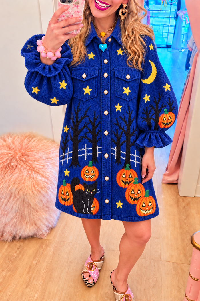 Blue Halloween Cat Puff Ruffle Sleeve Dress