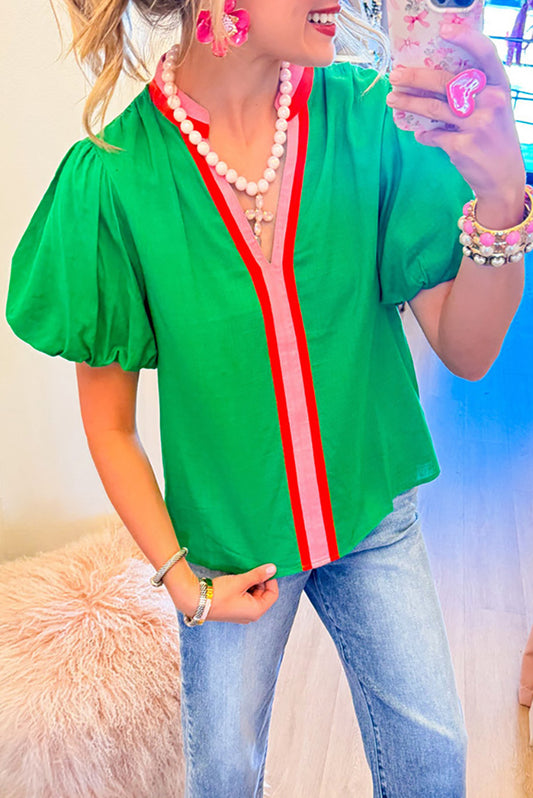 Short Puff Sleeve Contrast Top
