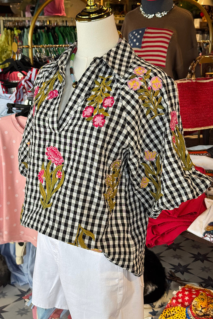 Gingham Floral Puff Sleeve Top