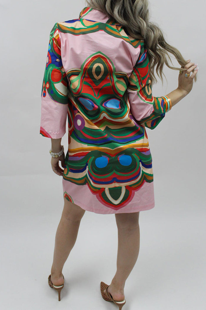 Printed Stand Collared Pocketed Shift Dress