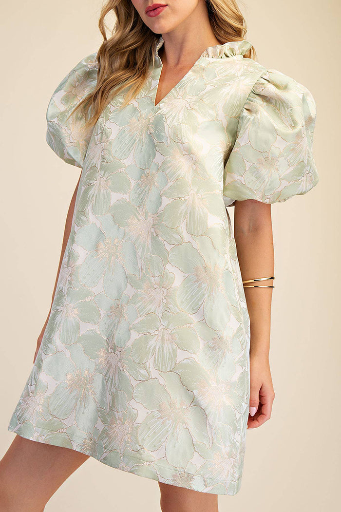 Ruffle V-Neck Puff Sleeve Floral Jacquard Dress