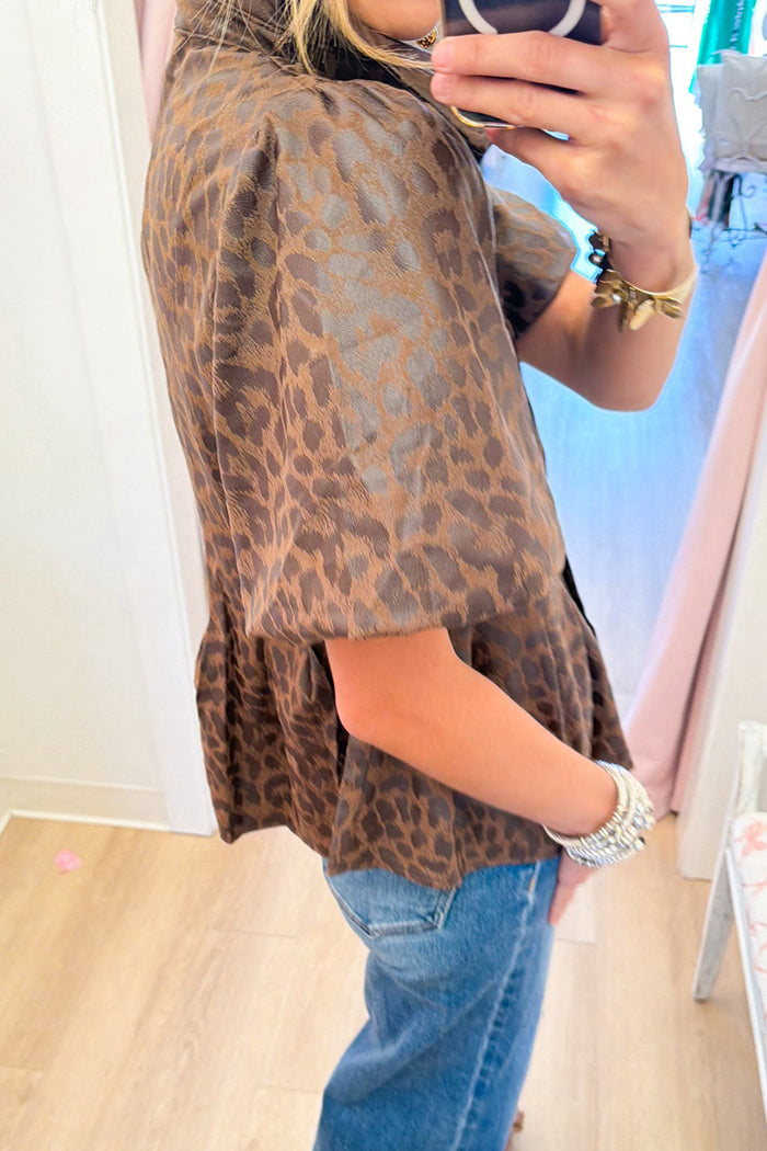 Brown Leopard Faux Leather Pockets Top